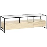 HOMCOM TV-Schrank, Fernsehschrank mit 3 Schränken, TV Board mit Offenem Fach, TV Bank, TV Lowboard Fernsehtisch für TV-Geräte bis zu 65', Stahl, Eiche 148 x 40 x 47 cm