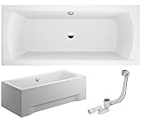 VBChome Badewanne 170x75 cm Acryl SET Schürze Siphon Wanne mit Füßen Rechteck Weiß Design Modern Ablaufgarnitur in Chrom Alcaplast