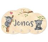 Personalisierte Kindergarderobe 'Koalabär' aus Holz mit vier Kleiderhaken, Garderobe für Kinder mit Wunschnamen, Motiv Koala, ca. 35 x 20 cm (Grau)