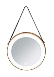 WENKO LED-Wandspiegel Usini, formschöner runder Kosmetikspiegel aus Bambus mit dimmbarer LED-Beleuchtung, praktischer Riemen zur Aufhängung an der Wand aus braunem Kunstleder, Ø 20,5 x 2,6 cm, Braun