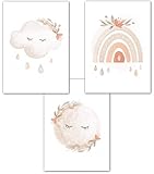 Lemmami Papeterie 3er Set Wandbilder Kinderzimmer Babyzimmer Poster Bilder DIN A4 Mädchen Junge Deko Dekoration Boho Mond Regenbogen Wolke (3er Bilder Set Rosa, Pastell, Wanddeko)