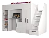 Kryspol Etagenbett für Kinder Party 14 Stockbett mit Treppe und Bettkasten (Weiß + Weiß Glanz + Grau Griffe), 90 x 200 cm