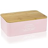 DRULINE Brotkasten mit Bambusdeckel - Brotaufbewahrung - Brotbox mit Schneidebrett - Brotkasten rosa - Metall rosa/Bambusdeckel - B/H/T ca. 35 x 12,5 x 23 cm - Landhaus Stil