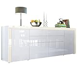 Vladon Sideboard La Paz V2, Kommode mit 2 Türen, 2 Schubkästen und 2 Klappen, Weiß Hochglanz/Weiß Hochglanz/Creme Hochglanz (200 x 72 x 35 cm)