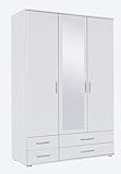 Rauch Möbel Rasant, Schrank Drehtürenschrank mit Spiegel inklusive 4 Schubladen, 3-türig, Zubehörpaket Basic 2 Einlegeböden, 1 Kleiderstange, Weiß, 52 x 127 x 188 cm