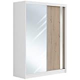 MKS MEBLE Kleiderschrank mit Spiegel 160 cm - Schwebetürenschrank Flurschrank Wardrobe - Schlafzimmerschrank Sammlung Gracja - Weiß und Eiche Artisan - Modern Design