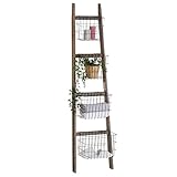 CARO-Möbel Leiterregal FLORISTA in Natur mit 4 praktischen Metallkörben, Moderne Dekoleiter, Blumenleiter aus Holz