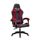 T-THREE.Ergonomischer Leder Gaming Stuhl Bürostuhl Drehstuhl Computerstuhl Rennstuhl Lederstuhl höhenverstellbar, mit Kopfstütze und Lendenwirbelstütze(Red)