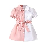 lässig Infant Baby Sommer Mädchen Kleid Mode Farbabstimmung Rosa und Weiß Kurzarm Schnüren Mode Kleid (Pink, 5-6 Years)