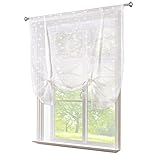 CAROMIO Scheibengardine Bestickt Raffgardine mit Raffbänder für Küche Transparente Kurzstores Raffrollo Blumenstickerei Tunnelzug, B120cm*H140cm Weiß