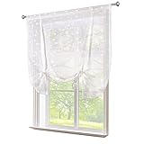 CAROMIO Scheibengardine Bestickt Gardine mit Raffbänder für Küche Transparent Kurzstores Raffrollo Blumenstickerei Tunnelzug, B120cm*H140cm Weiß