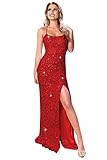 Spaghetti-Träger, Pailletten, Abschlussballkleider, glitzernd, Meerjungfrau, Abendkleid, Partykleid mit Schlitz, sexy, rückenfrei, formelles Kleid, Rot/Ausflug, einfarbig (Getaway Solids), 30