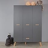 Lomadox Babyzimmer Kleiderschrank in Grau mit Buche massiv, B/H/T: ca. 130/190/60 cm