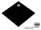 ECOLAM Duschwanne Duschtasse flach Geos Black Viereck 100x100 x 4,5 cm / 1,5 cm Tiefe flach Stein Effekt schwarz + Siphon