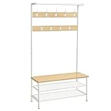 VASAGLE Garderobenständer, große Garderobe, Kleiderständer mit Sitzbank, 9 Haken, Schuhregal, Kleiderstange, 41,5 x 100 x 182 cm, für Flur Wohnzimmer Schlafzimmer, eichenfarben-weiß HSR047W09