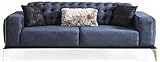 Casa Padrino Luxus Art Deco Chesterfield Sofa Blau/Grau/Schwarz/Messingfarben 236 x 99 x H. 86 cm - Edles Wohnzimmer Sofa mit dekorativen Kissen - Luxus Qualität