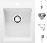 Küchenspüle Weiß 40x50 cm, Spülbecken + Ablauf-Set + Küchenarmatur 8000, Granitspüle für 40er Unterschrank, Einbauspüle von Primagran
