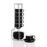 Sweejar Home Porzellan Espressotasse & Untertasse Set, stapelbare Demitasse Tassen mit Metallständer, 70 ml für Latte, Kaffee, Café, Mokka, Tee, 6er-Set (Schwarz)