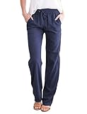 Yuson Girl Damen Freizeit Hose,Sommerhose mit Kordelzug und Taschen,Elegant Baumwolle Leinenhose,Casual Einfarbig Freizeithose für Reisen Casual Daily Outing(Navy blau, L)
