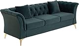 kevinplus Extravagantes Samt Sofa 215x 78x 76 cm smaragdgrün 3-Sitzer Chesterfield Design 3er Couch mit golden Metall Beine, Armlehnen Loungesofa modern Schlafsofa für Wohnzimmer Büro Gästezimmer