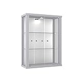 K-Möbel Hängevitrine in Alu/Silber (80x60x20 cm) mit 2 höhenverstellbaren Glasböden, Spiegel & LED - Modellauto Vitrine Silber - Vitrinenschrank Silber - Sammlervitrine - Glasvitrine Regal Glas