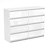 MRBLS Kommode mit 8 Schubladen Sideboard Schubladenschrank Kleiderschrank Modern Möbel mit Schubladen für Ihr Schlafzimmer (Weiß Matt - Weiß Glanz) – 120 x 33,5 x 92,5 cm (B/H/T)