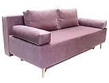 Schlafsofa mit Bettkasten 147x56 cm (Liegefläche 190 x 137 cm) – mit Armlehnen, Zwei Kissen – Stoff: Geflecht, Farbe Rosa – Sofa 3 Sitzer, leicht abwischbar, für Wohnzimmer/Gästezimmer