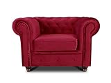 Sessel Chesterfield Asti - Couch, Couchgarnitur, Couchsessel, Loungesessel, Stühl, Holzfüße - Glamour Design, Velours (Rot (Velvet 59))