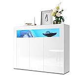 SONNI Kommode Weiß Hochglanz mit LED Beleuchtung Sideboard Weiss mit 3 Schiebetüren 120 cm breit