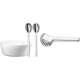 WMF Nuova Salatschüssel Set 3-teilig, Salatbesteck 30 cm mit Salatschale, Cromargan Edelstahl poliert, Porzellan & Bistro Nudelzange 23 cm, Spaghettizange, Cromargan Edelstahl poliert