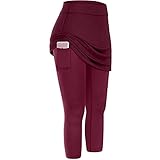 Lazzboy Leggings Damen High Waist Frauen Tennis Rock Taschen Elastic Sports Yoga Capris Röcke Legging Mit Knöchellange Engen Bescheiden Lauf Skort Hockey Hose 2 In 1 (Wein,XL)