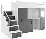 Interbeds Etagenbett Hochbett MAX 4 Größe 200x80cm mit Schrank und Schreibtisch, Farbe zur Wahl inkl. Matratze (grau)