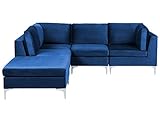 Beliani Modulares 4-Sitzer Ecksofa mit Ottomane Samtstoff Blau rechtsseitig Evja