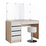 Vicco Schminktisch Sherry – Stilvoller Kosmetiktisch mit Spiegel und Schubladen für Mädchen und Damen, inkl. Hocker und Beleuchtung – 120 x 55 cm, Sonoma-Weiß
