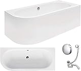 VBChome Badewanne 170x75 cm Acryl SET Schürze Siphon Wanne Ecke Eckbadewanne Weiß Design Modern Viega Simplex für 2 Personen rechts (Wanne 170x75 rechts + Schürze + Ablaufgarnitur)