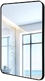 JUNZAI An der Wand montierter Kosmetikspiegel, Wandspiegel, rechteckiger Badezimmer-Wandspiegel, Make-up-Spiegel mit schwarzem Rahmen aus Glas, bruchsicherer, gepolsterter Rasierspiegel für Sch