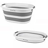 Russell Hobbs LA053879WHTEU 27L Ovale Zusammenklappbarer Wäschekorb, einklappbarer wäschesammler, silikon wäschesortierer, tragbarer Waschbehälter mit Griffen, platzsparender, weiß/grau