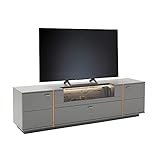 Lomadox TV-Schrank mit Klapptür mit Glaseinsatz in grau lackiert mit Eiche inkl. LED Beleuchtung, B/H/T ca. 216/62/50 cm