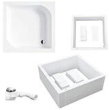 VBChome Duschwanne 90x90 Quadrat mit Träger Weiß Stabil Glatt Dusche Styroporträger Ablaufgarnitur Duschkabine Duschtasse Acryl Rechteck Befliesbar Tief Syphon Viega Domoplex
