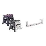 axentia 127721 Klappsitz, stabil bis 150 kg, faltbar, 37,5 x 32 x 30 cm & Türgarderobe mit 6 Haken, Kleiderhaken für die Tür ohne Bohren, Türhaken für Küche, Badezimmer, Wohnzimmer und Flur, Edelstahl