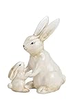 TEMPELWELT Deko Figur Osterhase Hase mit Kind 11 cm groß aus Keramik weiß braun, Osterdeko Osterfigur Dekofigur Dekohase Frühling Ostern