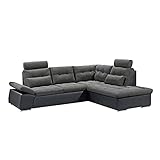 Kabs® Ecksofa Jakarta II grau Longchair rechts L-Form mit Schlaffunktion 268 x 103 x 170 cm - Moderne Couch mit verstellbaren Armlehnen & Kopfstützen, Rücken echt, inkl. Kissen