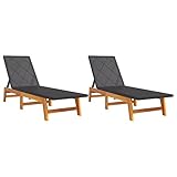 2er-Set Sonnenliegen Loungebett für 2 Personen, Sonnenbett Relaxliege Gartenliege Liegestuhl für Garten oder Balkon, Schwarz Braun Poly Rattan Massivholz Akazie