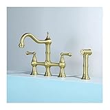 Wasserhahn für Küchenspüle, Küchenarmatur mit Brause, 360-Grad-Schwenkhahn aus Messing, 2-Griff-3-Loch-Küchenmischbatterien für Wohnmobile, Barspülen, gebürstetes Gold