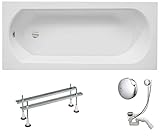 VBChome Acryl Badewanne 160x75 cm Weiß Rechteck Wanne Siphon Wannenfüße Design Modern Ablaufgarnitur in Chrom Viega Simplex