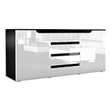 Vladon Sideboard Kommode Sylt, Korpus in Schwarz matt/Front in Weiß Hochglanz mit Absetzungen in Schwarz Hochglanz