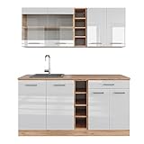 Vicco Küchenzeile Einbauküche Küchenschränke R-Line Eiche Küchenmöbel (Eiche-Weiß Hochglanz, Single 160 cm)