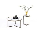 HOMOPIV Couchtisch Satztische,Beistelltisch,Nesting-Tisch，2 in 1 Runder Couchtisch,Kaffeetisch, 2er Set, weißes Mamormuster