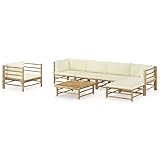 BULANED 7-TLG. Garten-Lounge-Set mit Cremeweißen Kissen, Gartenlounge, Balkon Möbel, Terrassenmöbel, Lounge Gartenmöbel Set, Lougenset Möbel Garten, Balkon Lounge, Bambus