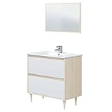 Miroytengo Verona Badezimmerschrank mit Beinen in glänzendem Weiß und Eiche, 80 x 45 x 80 cm